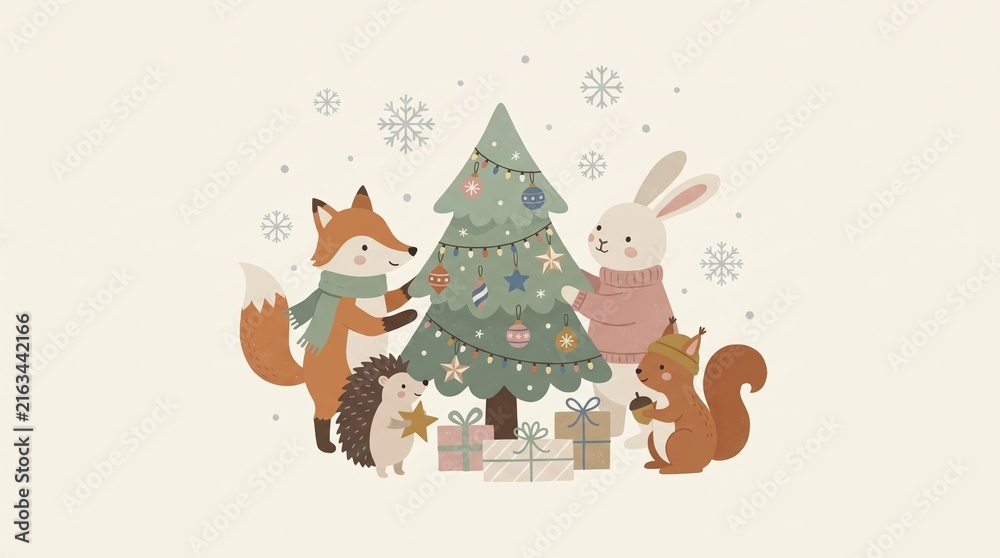 Naklejka premium Cute Woodland Animals Decorating Christmas Tree Flat Vector