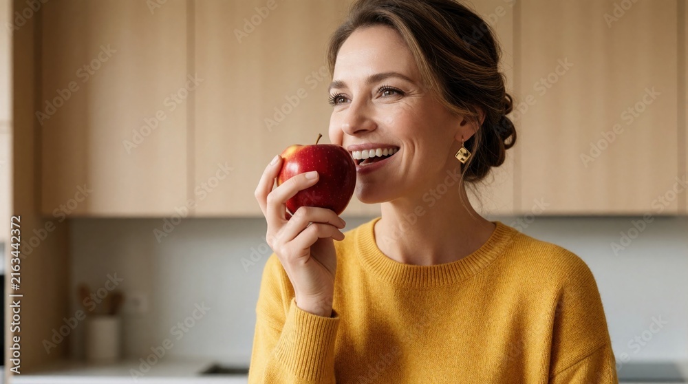Naklejka premium Woman holds red apple near mouth, smiling in modern kitchen. Healthy snack, fresh fruit, simple meal preparation, natural beauty, and positive lifestyle.
