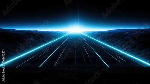 Futuristic glowing blue path stretching into a bright horizon