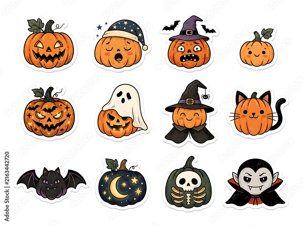 Fototapeta premium Cute halloween stickers with pumpkins ghosts bats and other spooky characters on white background