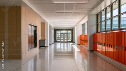 Bright, empty school hallway with lockers, tile walls, and large windows