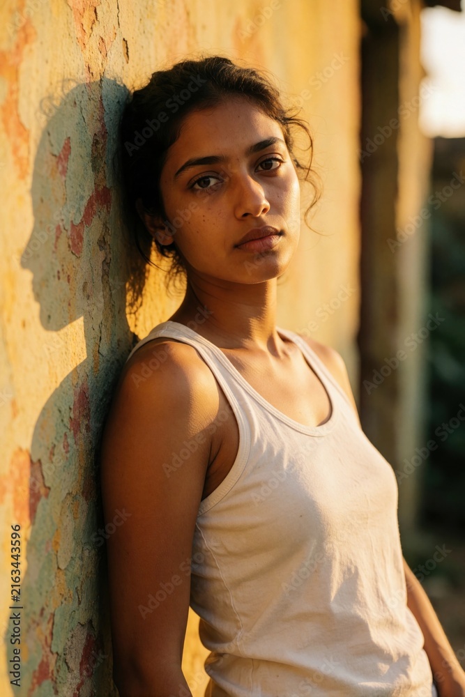Fototapeta premium Young Asian woman with dark skin, long wavy hair leans against textured wall. Soft sunlight illuminates face. Wears white tank top, simple jewelry. Calm expression suggests contemplation solitude.