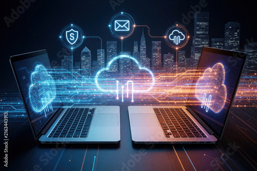 Laptops connect via glowing digital network to cloud services. Data transfer icons show security, communication links over cityscape. Futuristic tech concept for online operations, information