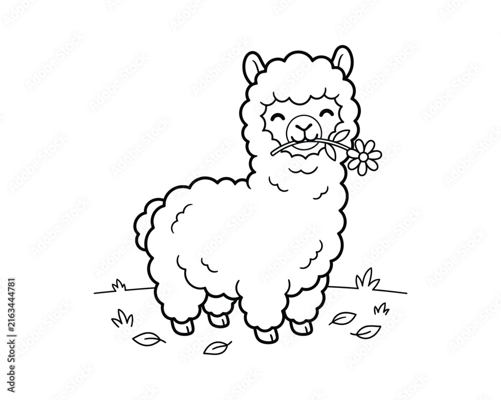 Naklejka premium Cute cartoon alpaca illustration with a flower in its mouth on a white background