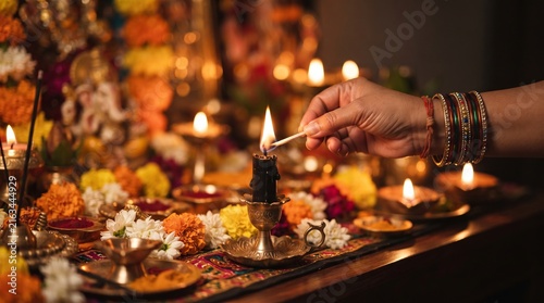 Woman lighting an oil lamp during a Hindu worship ritual. Diwali celebration with flowers, candles, offerings, and traditional decoration. Spiritual festival ceremony with copy space