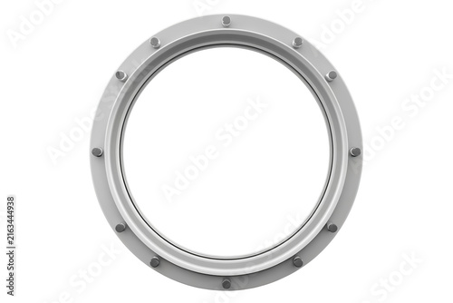 Silver circular metal porthole frame with rivets
