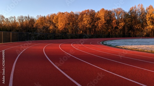 Red track curves through autumn trees under a clear sky