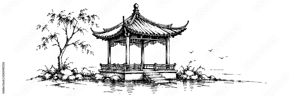 Obraz premium Serene monochrome scene of a traditional Chinese pavilion beside calm water, surrounded by rocks and trees, evoking classic gardens and heritage.