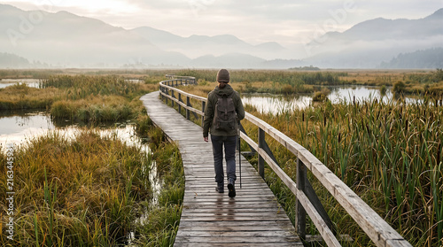 Traveler walking on wetland boardwalk in nature reserve during daytime