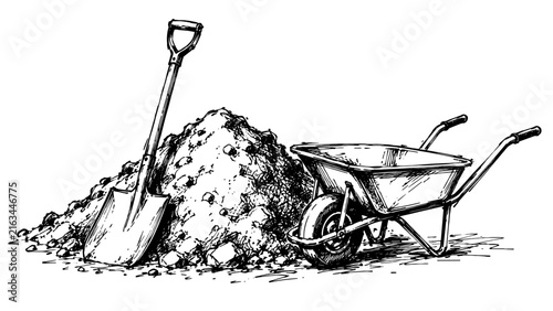 Detailed vintage engraving of a sturdy shovel and wheelbarrow beside a pile of soil, capturing gardening, landscaping, construction, and outdoor work.