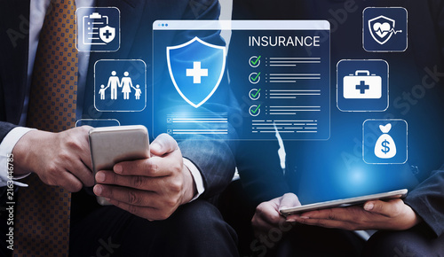фотографія Modern technology for insurance services with healthcare icons and digital devices in a business environment promoting customer engagement and security