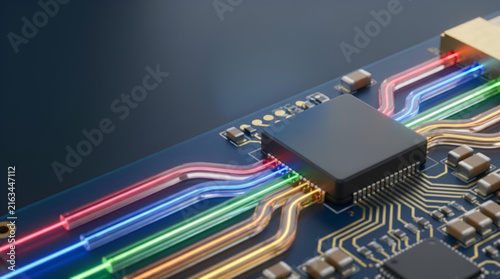 microchip on circuit board with colorful glowing optical light channels