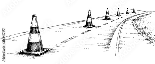Bold roadside scene showing traffic cones guiding vehicles along a curved roadway, highlighting construction, road safety, traffic control, and transportation.