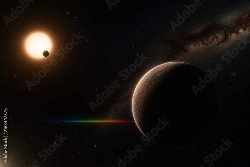 Rocky exoplanet transiting a distant star with a faint atmospheric spectrum glow, grounded deep-space visualization