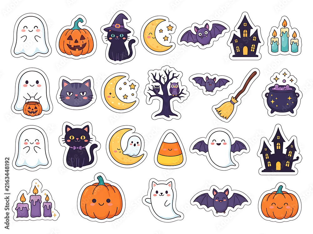 Fototapeta premium Cute halloween stickers collection with ghosts pumpkins bats and other spooky elements vector illustration
