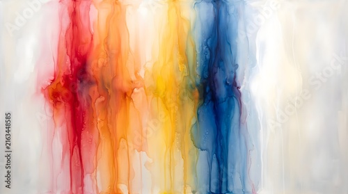 A vibrant abstract watercolor painting with colorful streaks on a white background