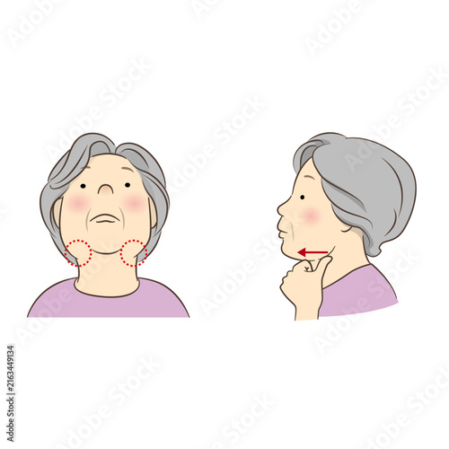 あご下の唾液腺マッサージをするシニア女性のイラスト