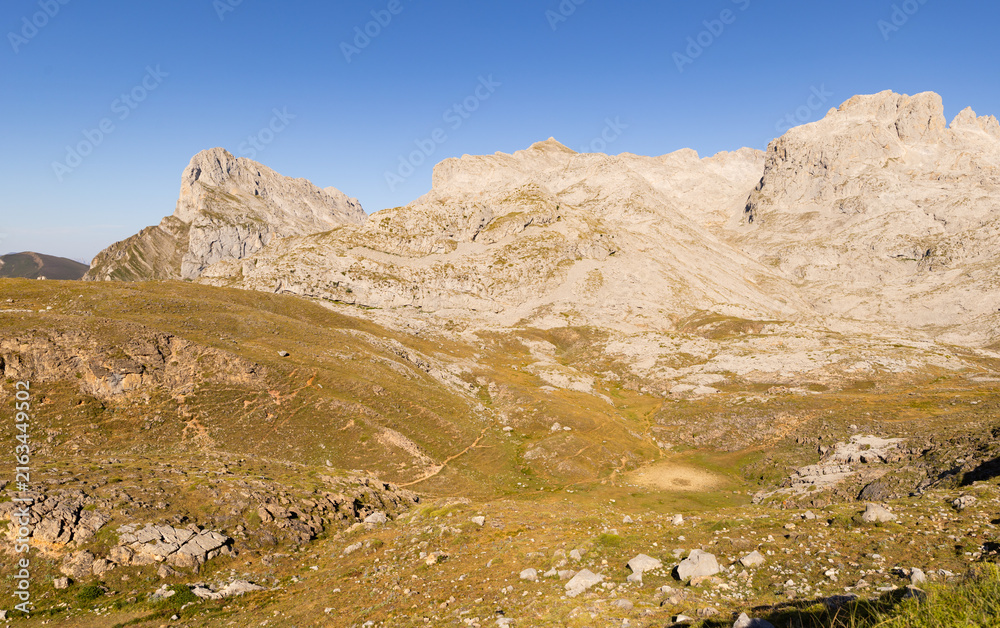 Naklejka premium Rocks, cliffs and mountain peaks - mountainous natural area on border of Cantabria with Castile and Leon, northern Spain..