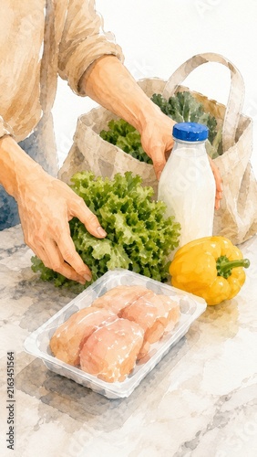Watercolor illustration of healthy food and grocery shopping with fresh produce, leafy greens, and sustainable shopping bag. concept of nutritious lifestyle, eco friendly choices, diet VERTICAL