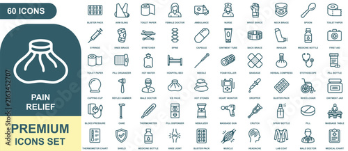 Comprehensive set of sixty pain relief and medical icons featuring healthcare symbols, pills, and equipment in blue