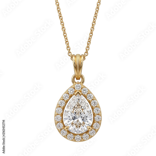 Fotografie Elegant pear-shaped diamond pendant necklace in yellow gold with halo