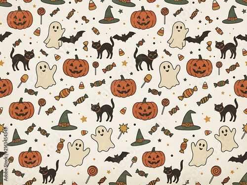 Halloween pattern with pumpkins ghosts bats and candy a festive autumn background