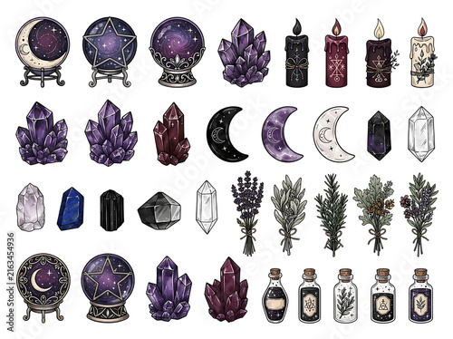 Mystical collection of crystals moons herbs and potions illustration on a white background