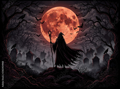 Dramatic halloween scene with a hooded figure and a large blood moon over a graveyard