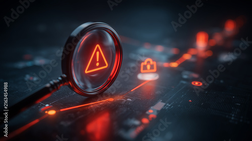 A magnifying glass highlights a warning symbol across a digital network representing cyber risk detection and security incident assessment.
