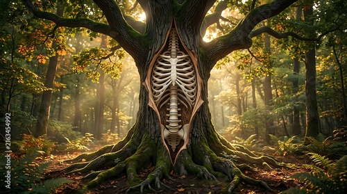 Osteoporosis concept with human skeleton integrated into a tree trunk