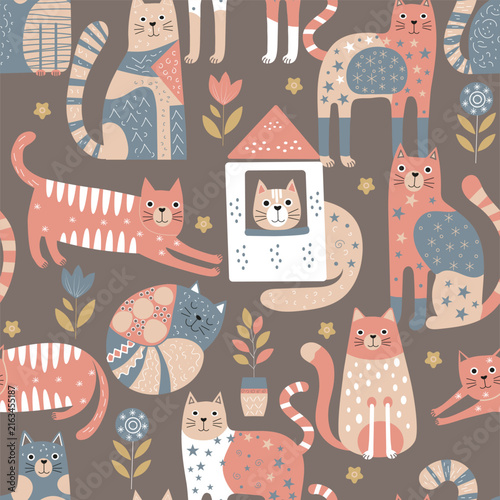 Seamless vector pattern featuring cute decorative cats, flowers, little houses and folk ornaments. Perfect for fabric, textile, wrapping paper, wallpaper, children's products, stationery, surface