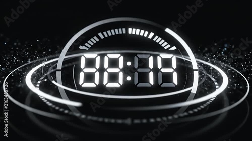 Digital countdown clock with glowing white rings and numbers.