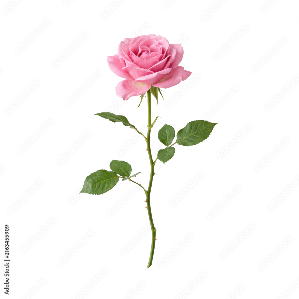 Obraz premium Single delicate pink rose with green stem and leaves isolated on white