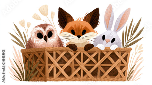Whimsical animals peeking over a woven basket in a grassy setting