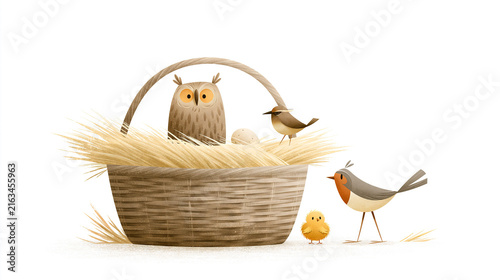Whimsical basket filled with birds perched on straw