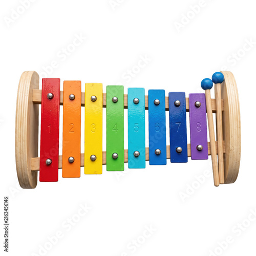 Obraz na płótnie Colorful wooden xylophone with numbered keys and mallets isolated on white
