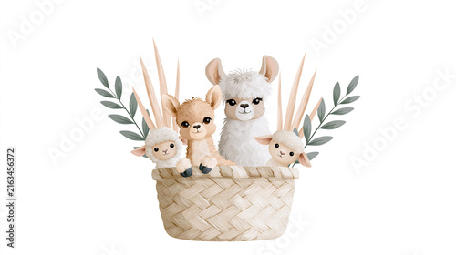 Cute stuffed plush animals in woven basket with greenery