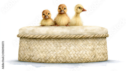 Three baby ducks perched on woven basket