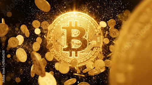 Golden digital coins flying in dark bokeh explosion