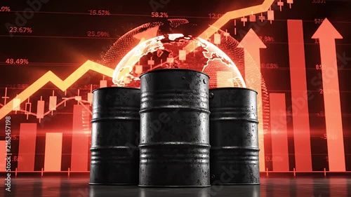 Oil barrels against rising red financial stock chart.