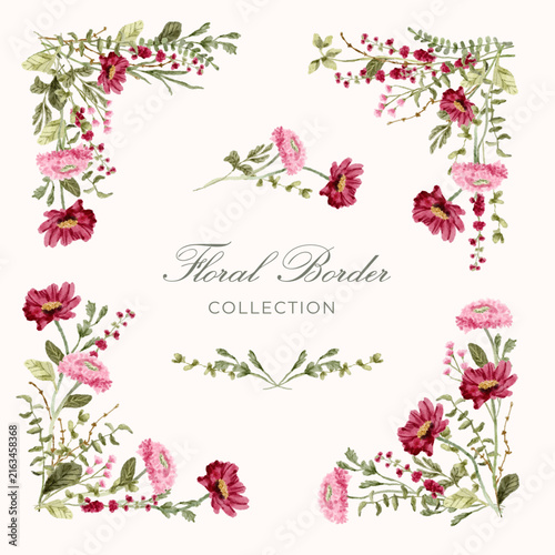 red pink wildflower watercolor border corner collection