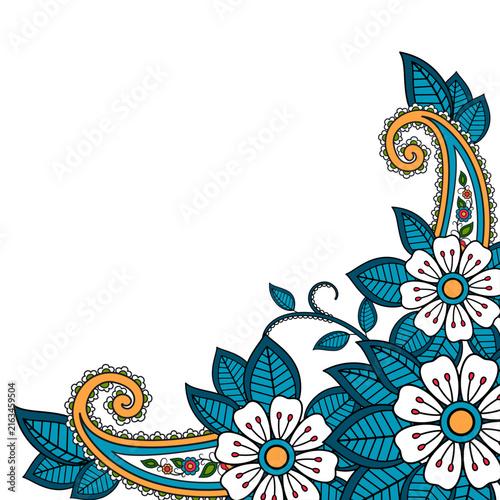Colorful paisley and floral corner design with teal white and gold swirl patterns