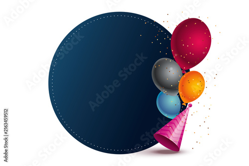Colorful party balloons and confetti popping out of a dark blue circle frame