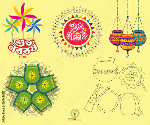 Colorful pohela boishakh festival elements with traditional bengali new year symbols