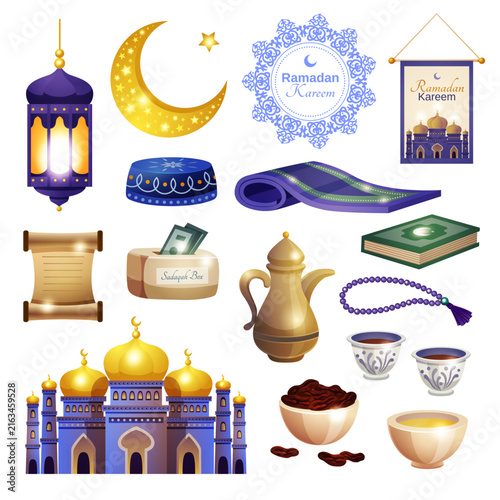Colorful ramadan and eid al fitr celebration icons with mosque lanterns and items
