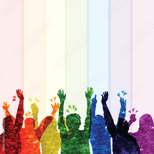 Diverse group of people raising hands in unity with vibrant rainbow gradient background