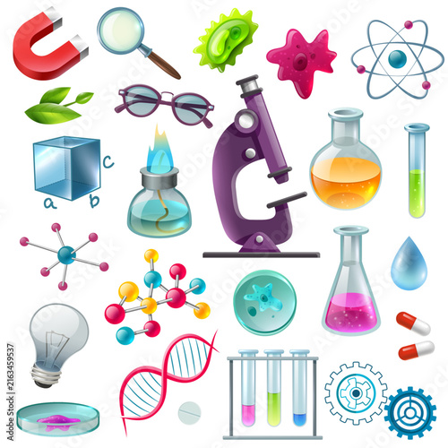 Colorful science and chemistry icons set with microscope atoms and lab equipment