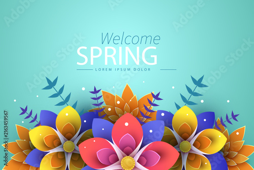 Spring flowers welcome card design with colorful paper cut style floral elements