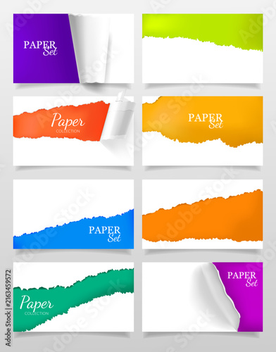 Set of colorful torn paper edges with vibrant gradient backgrounds and curled corners