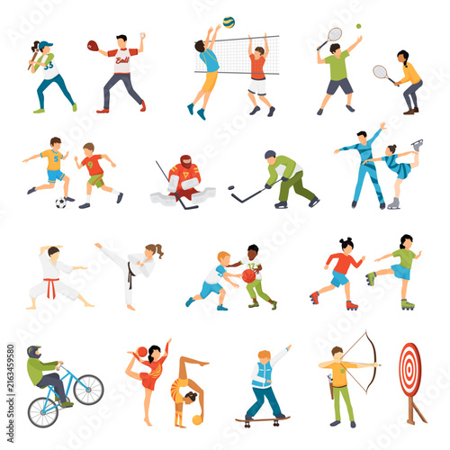 Diverse group of people playing various sports and outdoor activities vector set